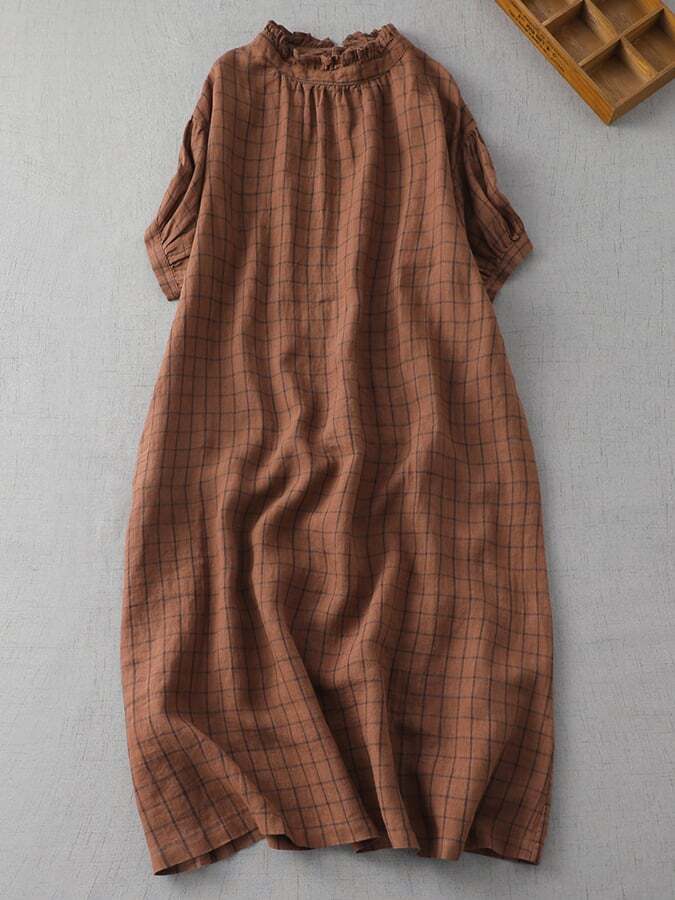 Cotton And Linen Plaid Loose Standing Neck 3/4 Sleeve Dress