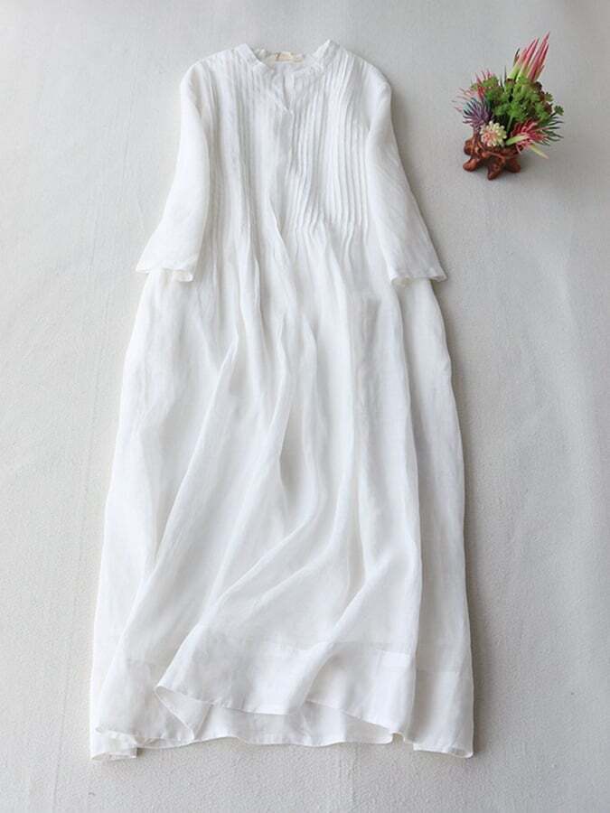 Elegant Pleated Loose Cotton Linen Dress