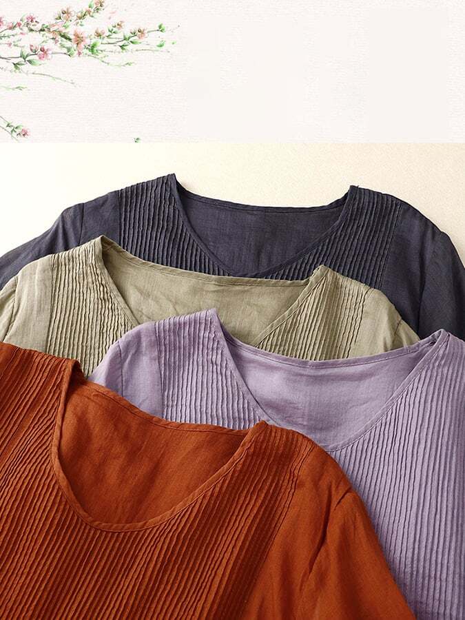 Vintage Cotton And Linen Organ Pleated V-neck Short Sleeve Dress