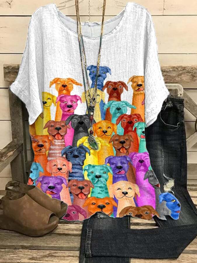 Women's Colorful Dog Print Casual Top