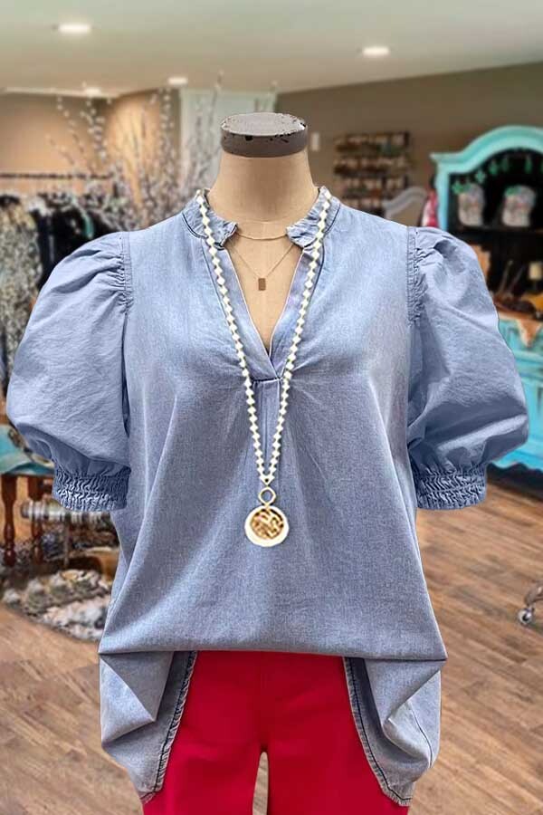 Elegant Puff Sleeve V-Neck Washed Denim Top