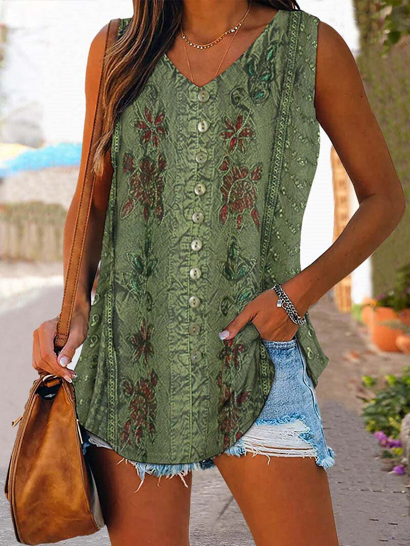 Women Sleeveless V-neck Floral Printed Graphic Button Top