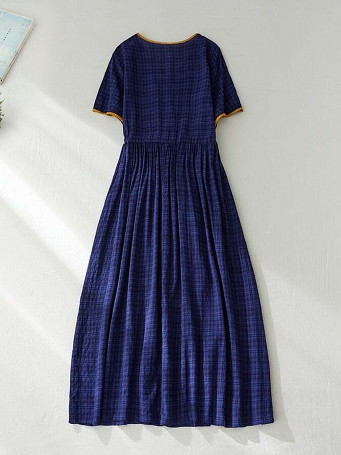 Cotton Linen Retro High-End Color Block Dress
