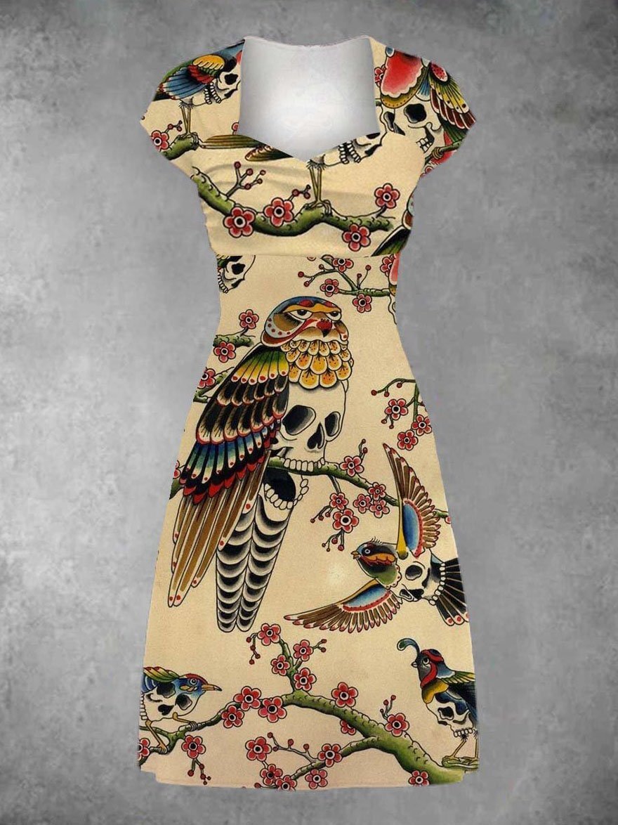 Women'S Vintage Skull Patchwork Casual Midi Dress