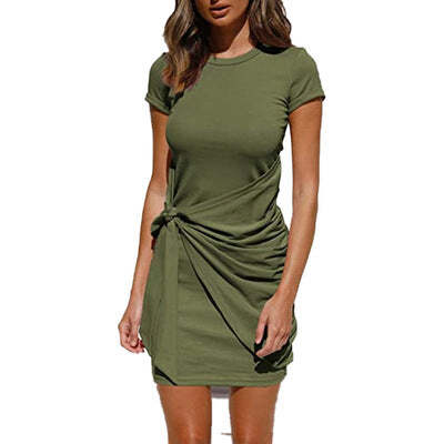 round neck slim-fit pleated waist mini dress