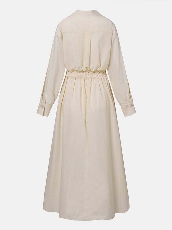 Women's Solid Pocket Button Lapel Long Sleeve Maxi Shirt Casual Dress