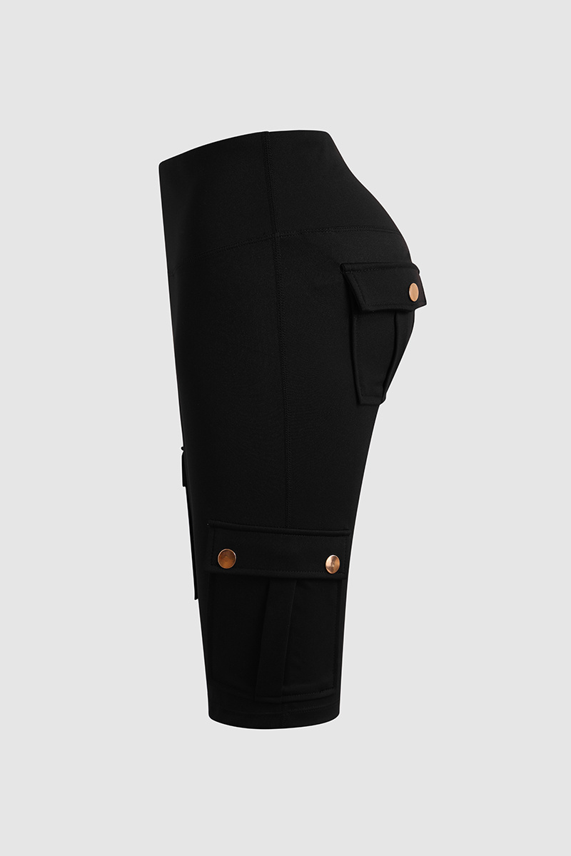 Flap Pocket High Waist Sports Biker Shorts