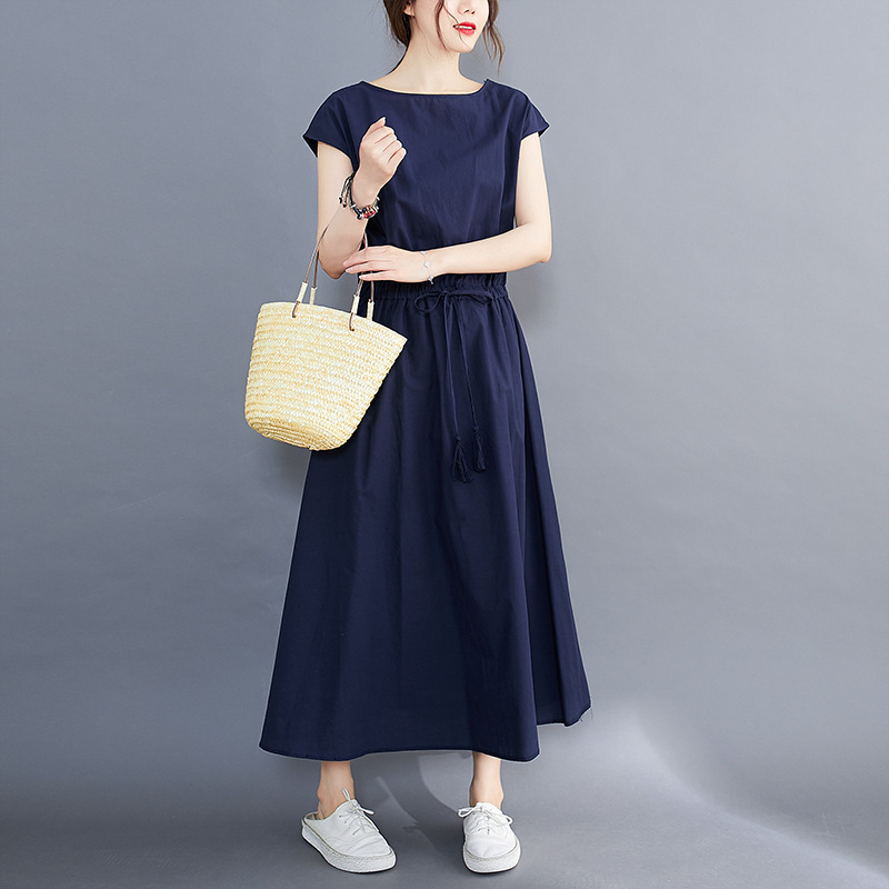 Finneyy Solid Color Casual Drawstring Vintage Dress