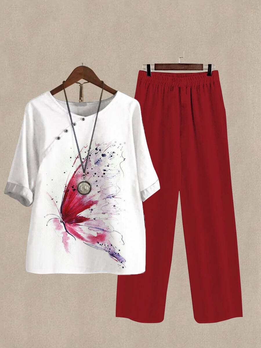 Women's Watercolor Painting Print Half Sleeve Top And Wide Leg Pants Linen Two Pieces