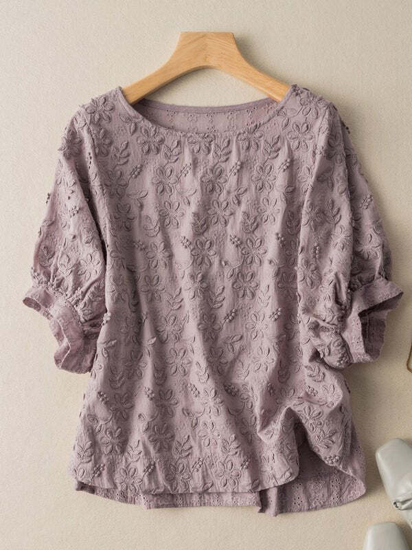 Embroidered Round Neck Half Sleeve Casual Linen Tee Top