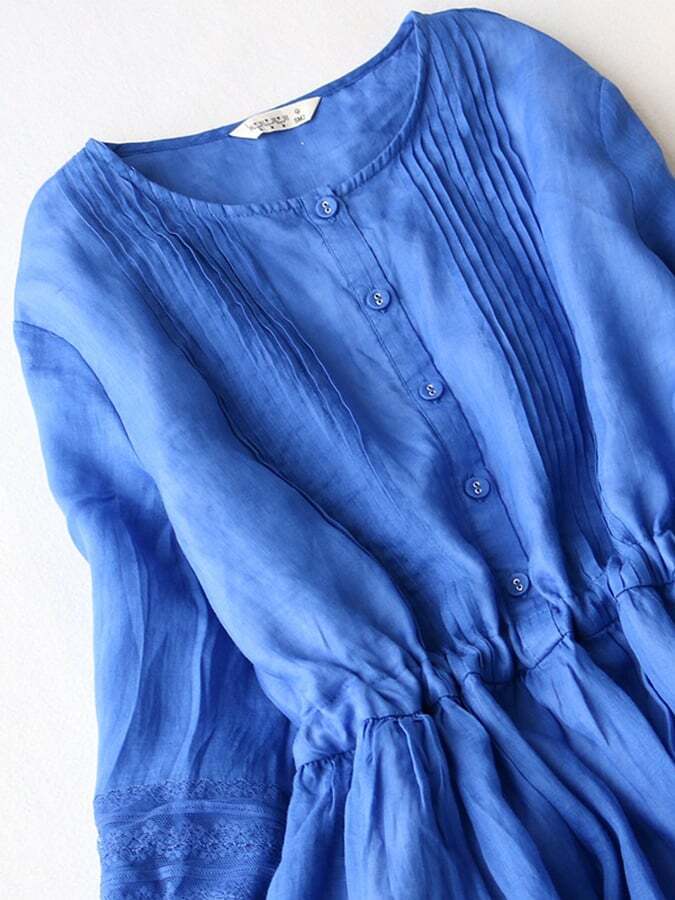 Medium Sleeved Cotton Linen Loose Lace Up Pleated Large Swing Dress