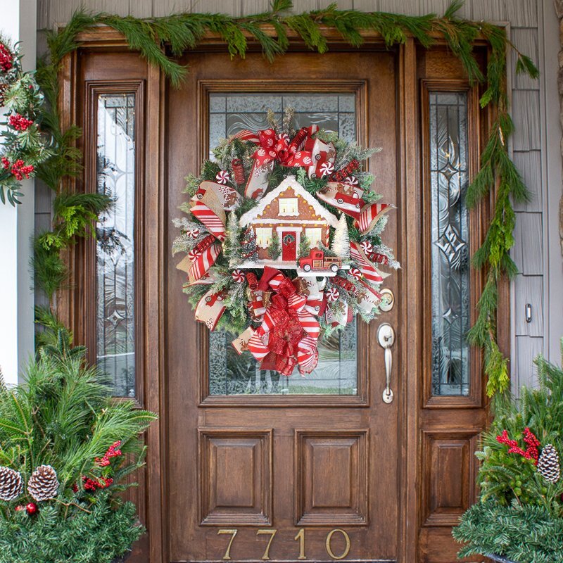 Lit Farmhouse Gingerbread Wreath for front door