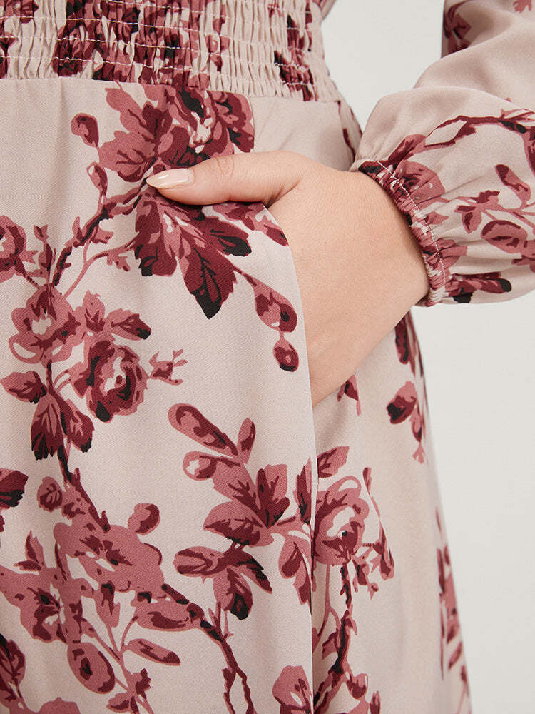 Floral Wrap Lantern Sleeve Pocket Shirred Ruffle Hem Dress