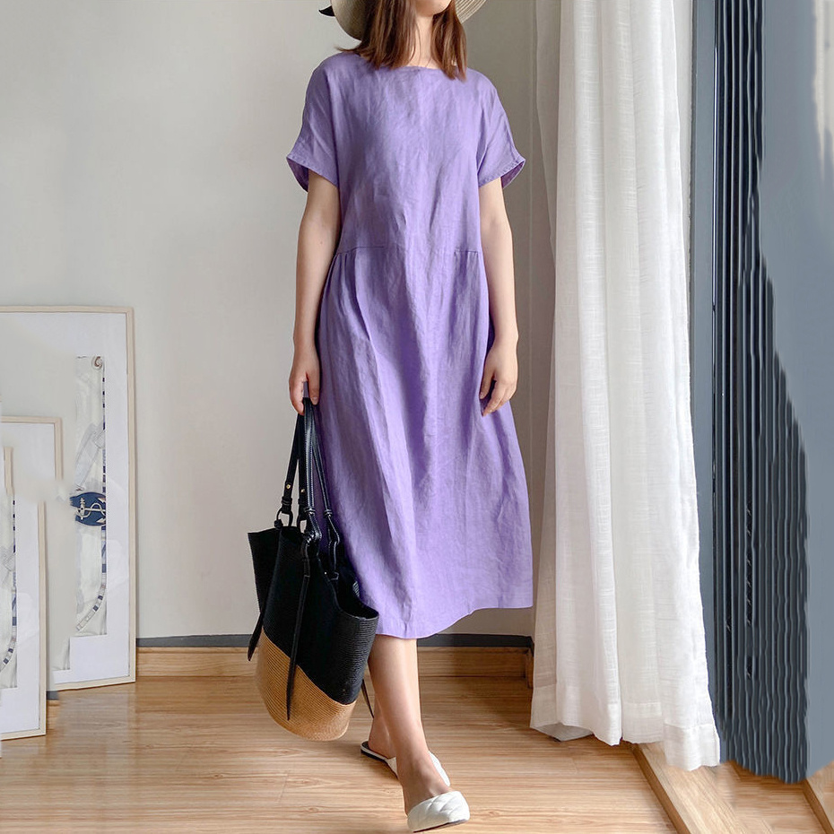 Casual Loose Short Sleeve Solid Color Midi Dress