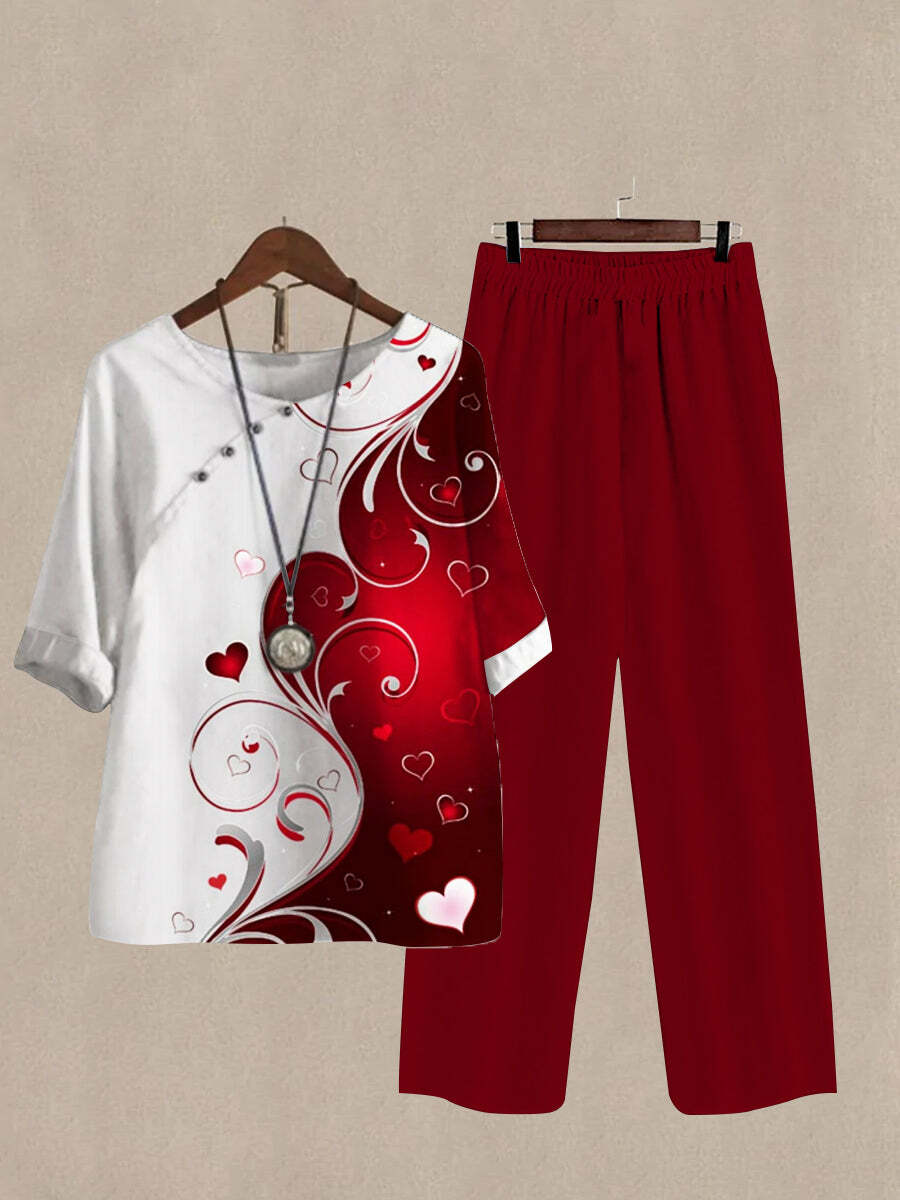 Women's Floral Heart Print Half Sleeve Top And Casual Pants Linen Two Pieces
