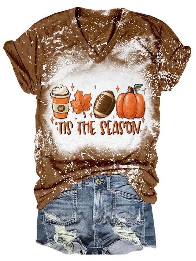 V-neck Tie Dye Football Tis The Season Pumpkin Maple Leaf Print T-Shirt