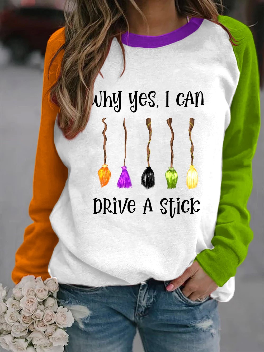 Women's Funny Halloween Why Yes, I Can Drive A Stick Broom Print Sweatshirt