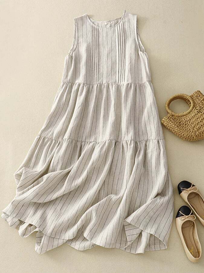 Striped Sleeveless Pleated Patchwork Dress