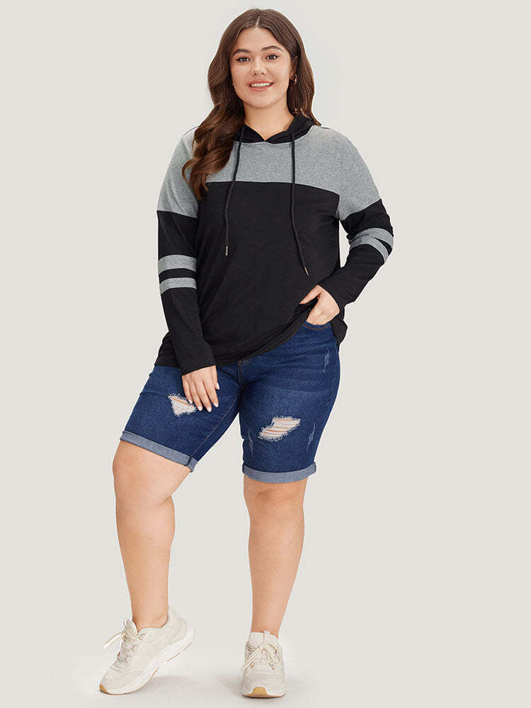 Colorblock Contrast Drawstring Hooded Sweatshirt