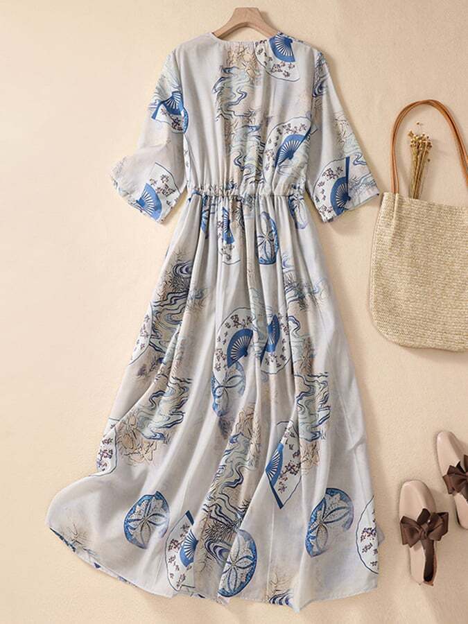Printed Loose Lace Up Waist Button Dress