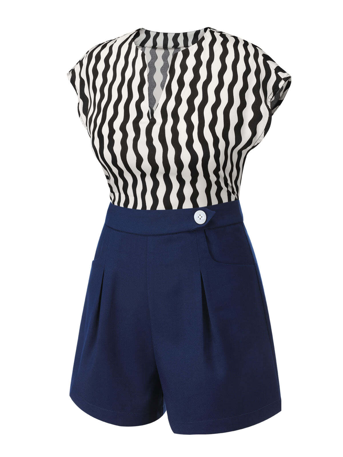 2PCS 1950s Black Curves Blouse & Navy Blue Shorts