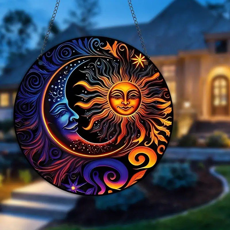 Sun Moon Stained Suncatcher Window Wall Hanging Ornament, Halloween Panel Decor For Home, Gift For Families Friends And Lover