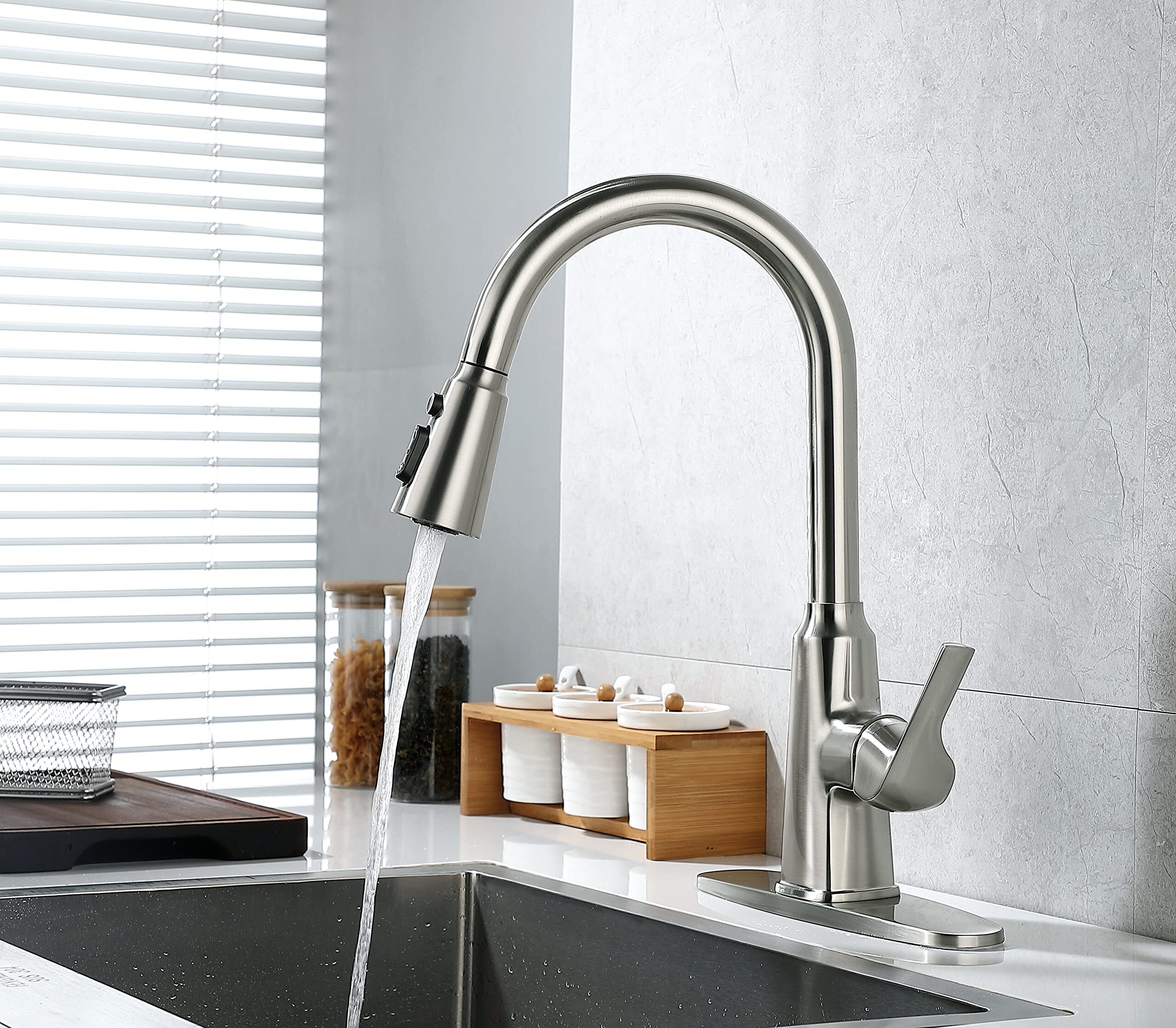 Single Handle High Arc Brushed Nickel Pull Out Kitchen Faucet, Pull Down Sprayer Kitchen Sink Faucet, Stainless Steel Fingerprint Proof Faucet, Commercial, RV, or Bar.1 or 3 Hole