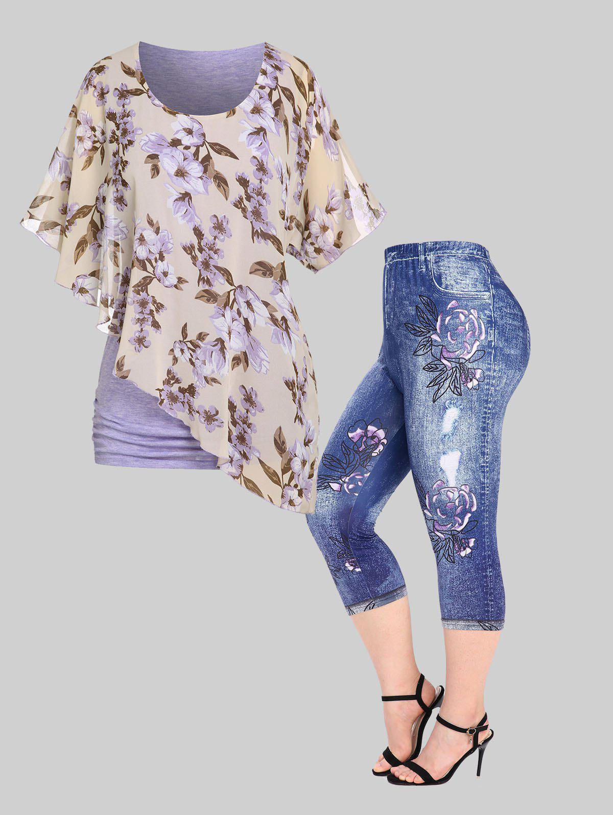 Asymmetric Colorblock Overlay Tee and Flower Pattern High Waisted Jeggings Plus Size Summer Outift