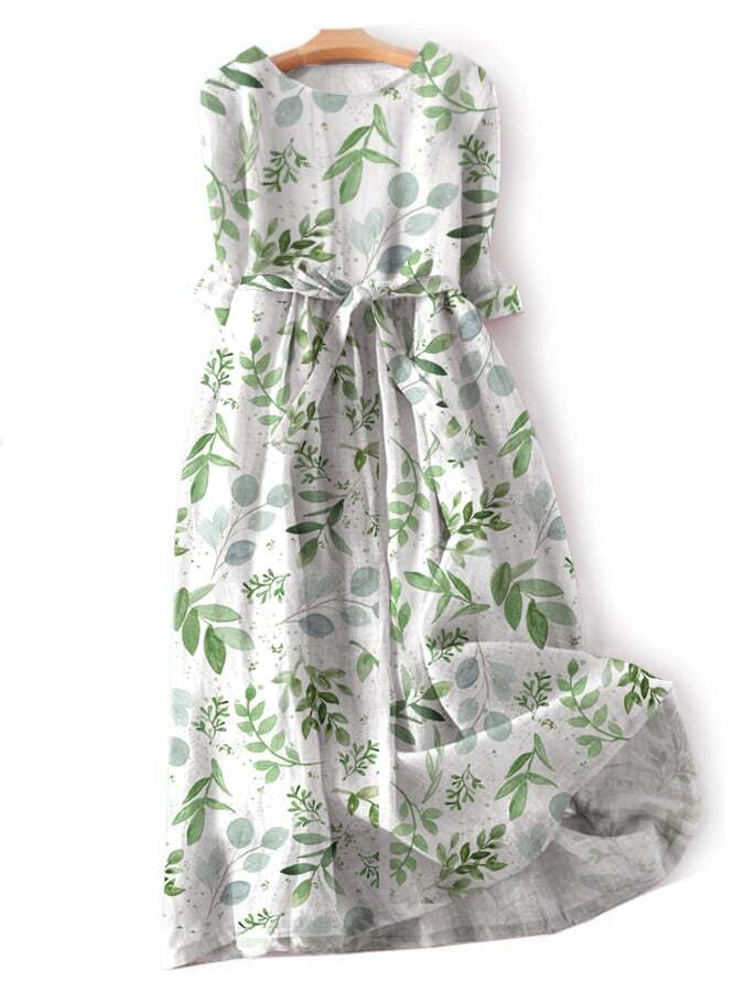 Trendy Watercolor Leaf Print Dress