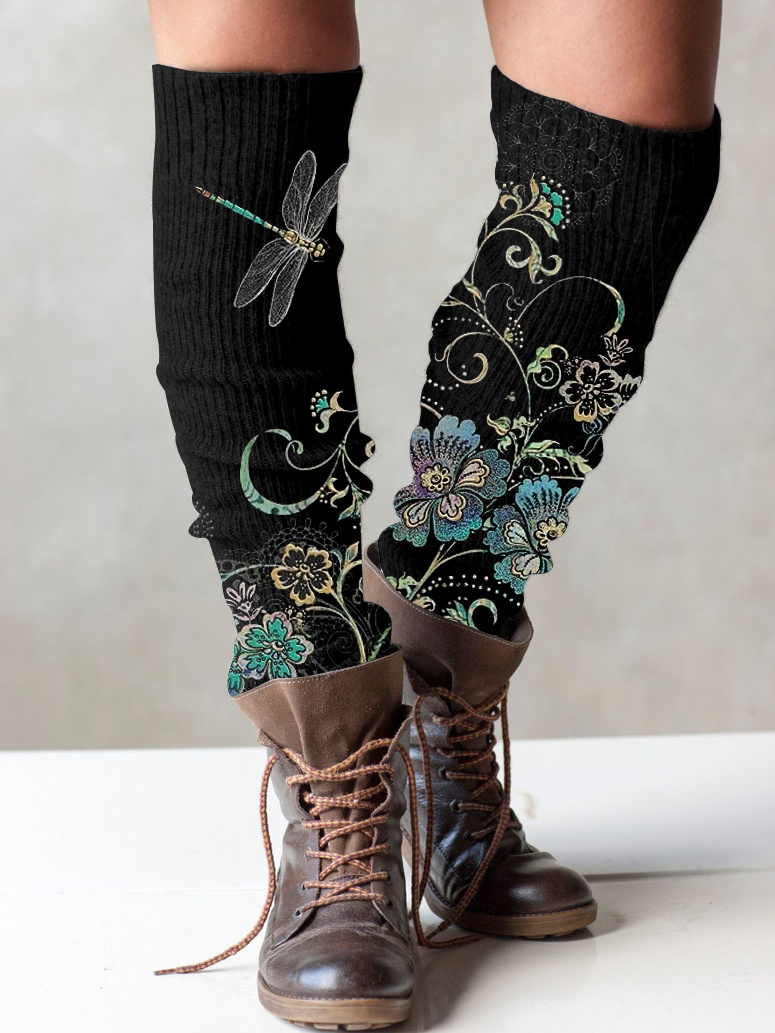 (Ship within 24 hours)Retro dragonfly and floral print knit boot cuffs leg warmers