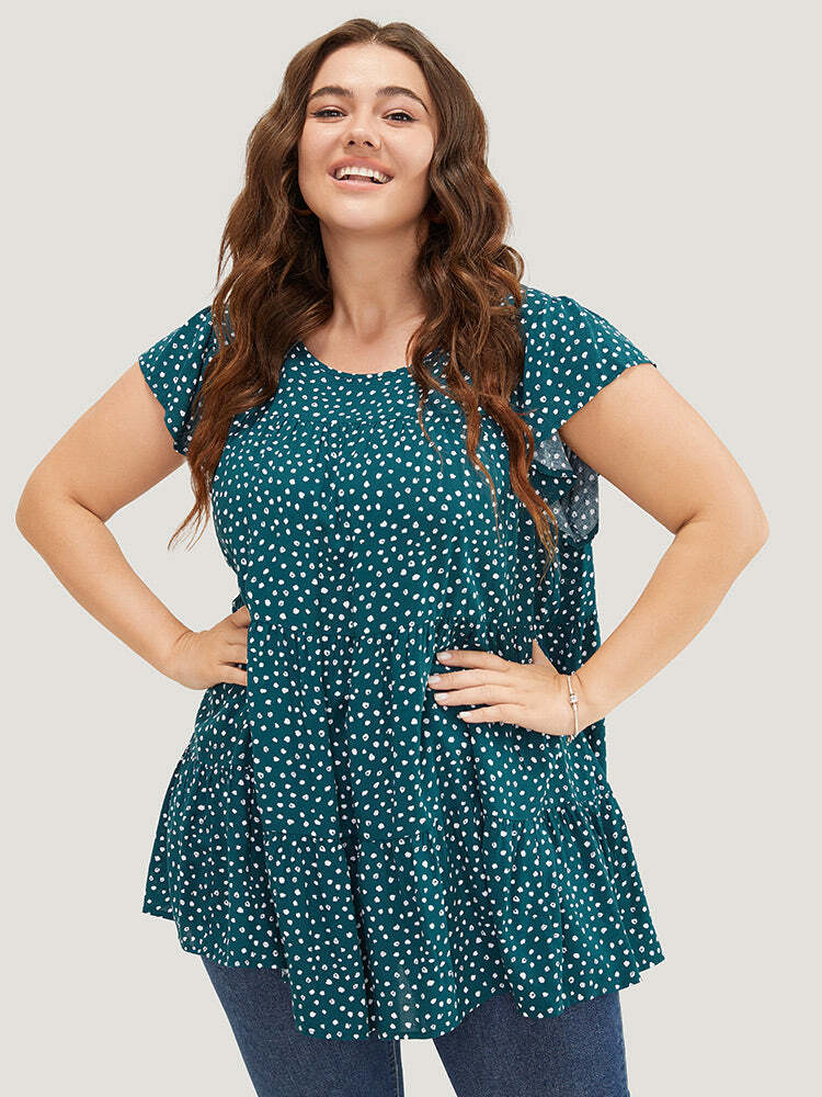 🌸Allover Print Cap Sleeve Ruffle Hem Gathered Blouse