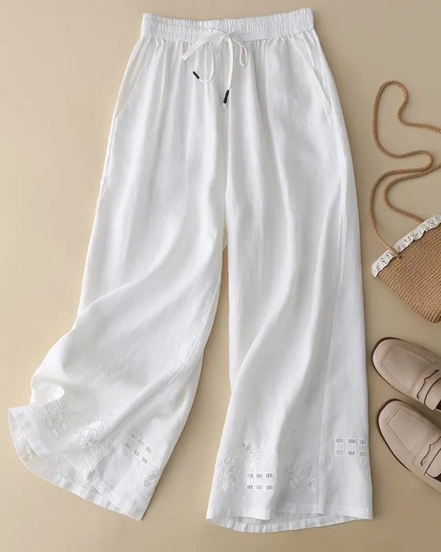 Cotton And Linen Embroidered Cutout Lounge Pants