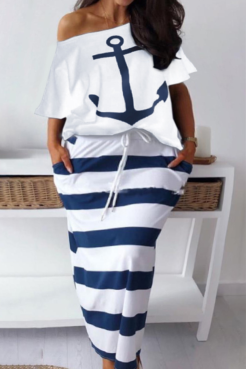 Deep Blue Fashion Casual Print Basic Oblique Collar Plus Size Two Pieces