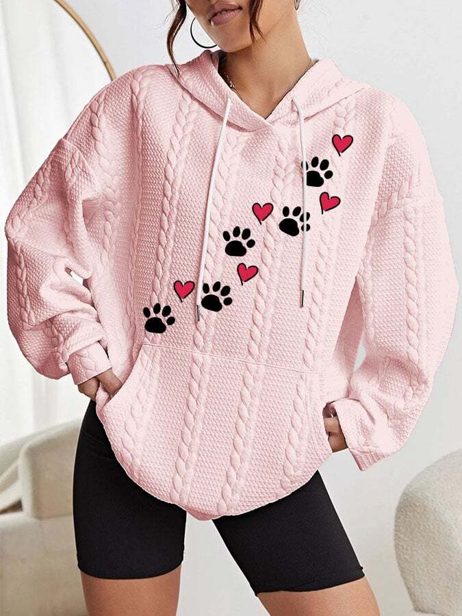 Women's Puppy Paw Print Heart Print Cable Hoodie
