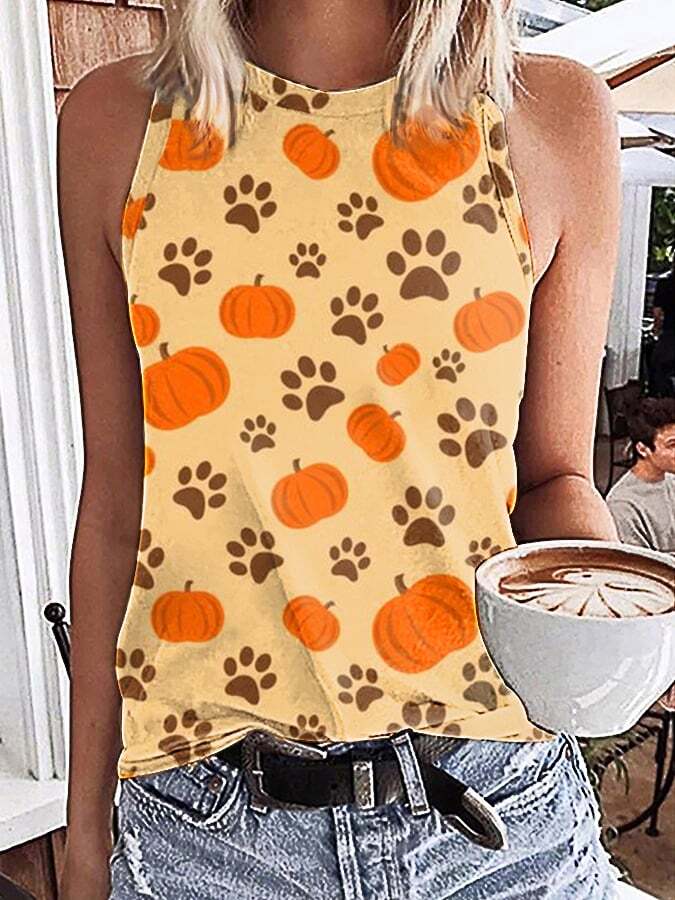 Women's Dog Paw Print Pumpkin Casual Vest Top