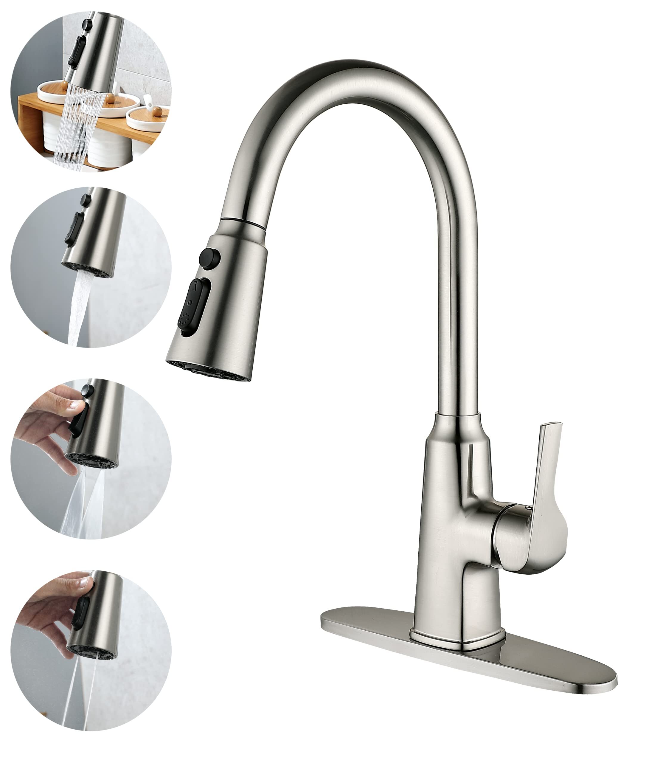 Single Handle High Arc Brushed Nickel Pull Out Kitchen Faucet, Pull Down Sprayer Kitchen Sink Faucet, Stainless Steel Fingerprint Proof Faucet, Commercial, RV, or Bar.1 or 3 Hole