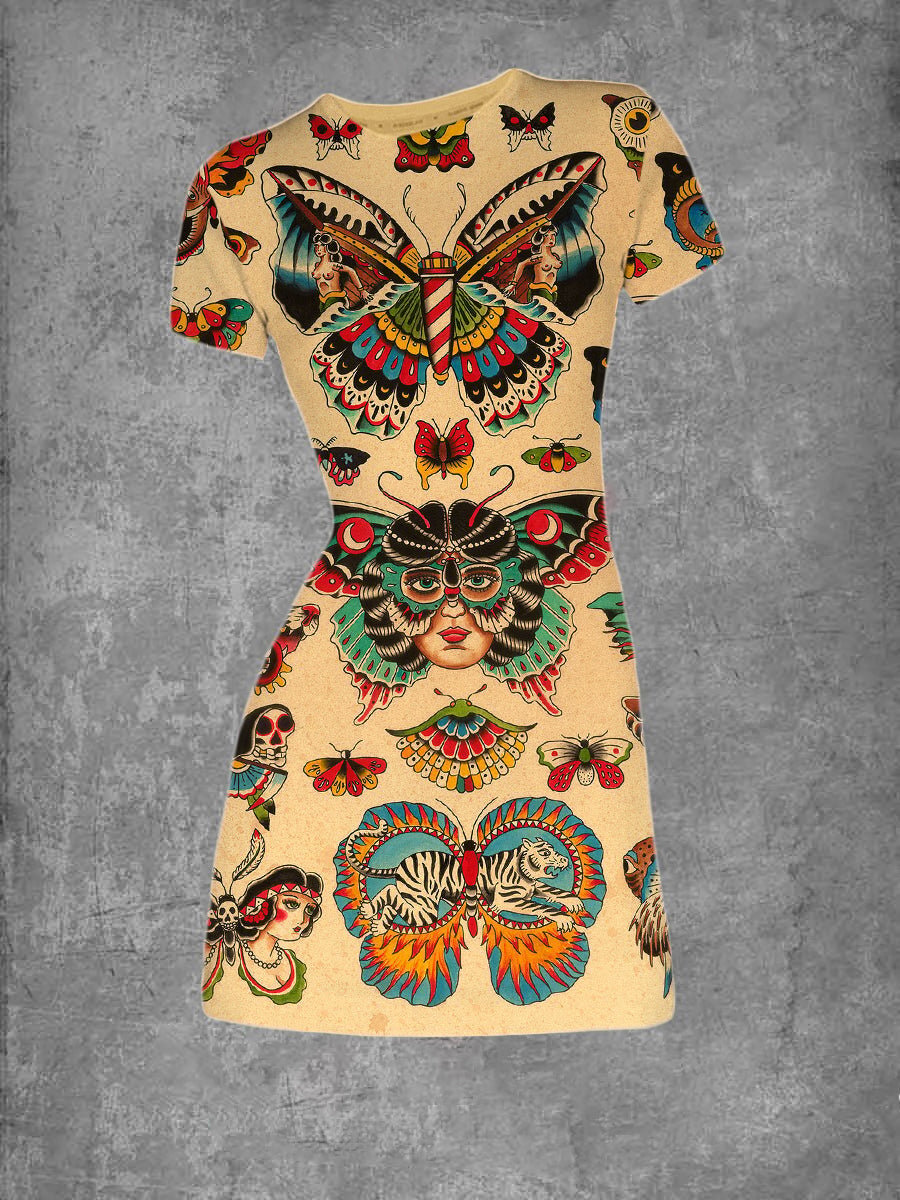 Women'S Butterfly Print Graphic Crew Neck T-Shirt Dress