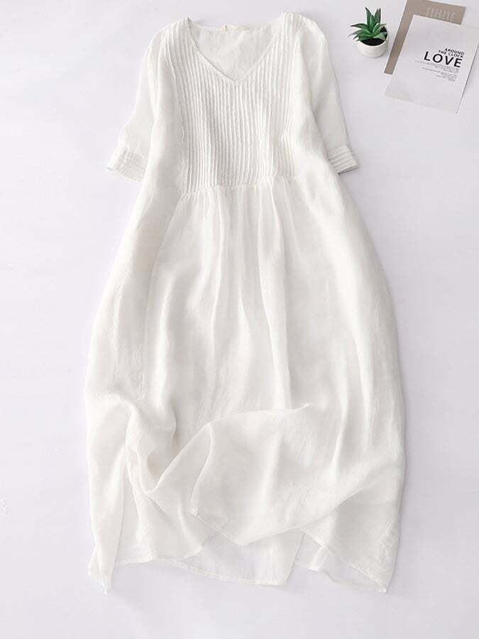 Elegant Pleated Loose Cotton Linen Dress