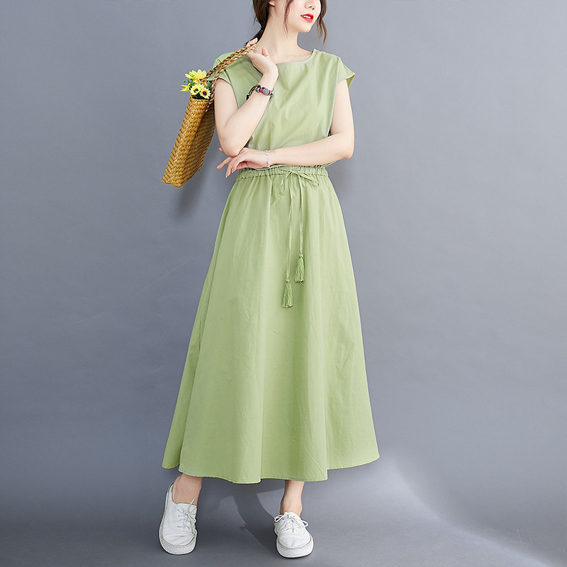 Finneyy Solid Color Casual Drawstring Vintage Dress