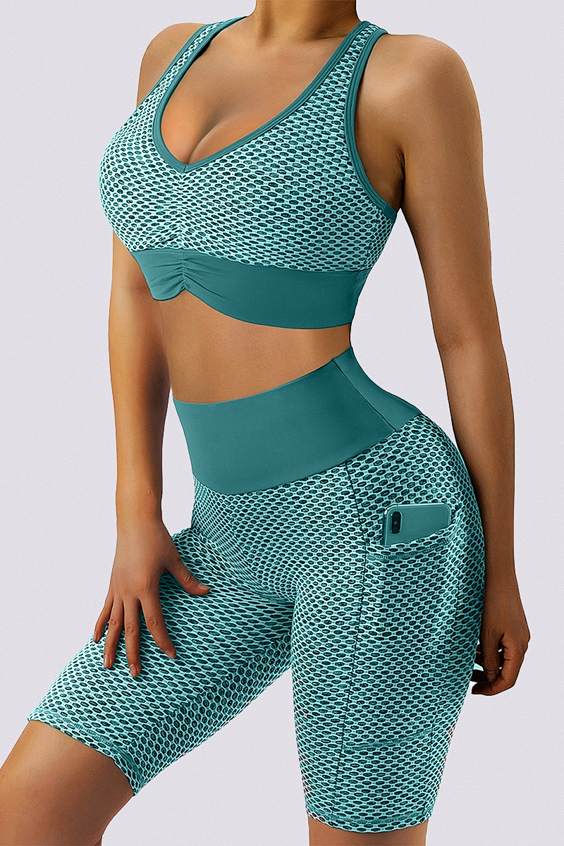 Textured Ruched Sports Bra & Biker Shorts Set