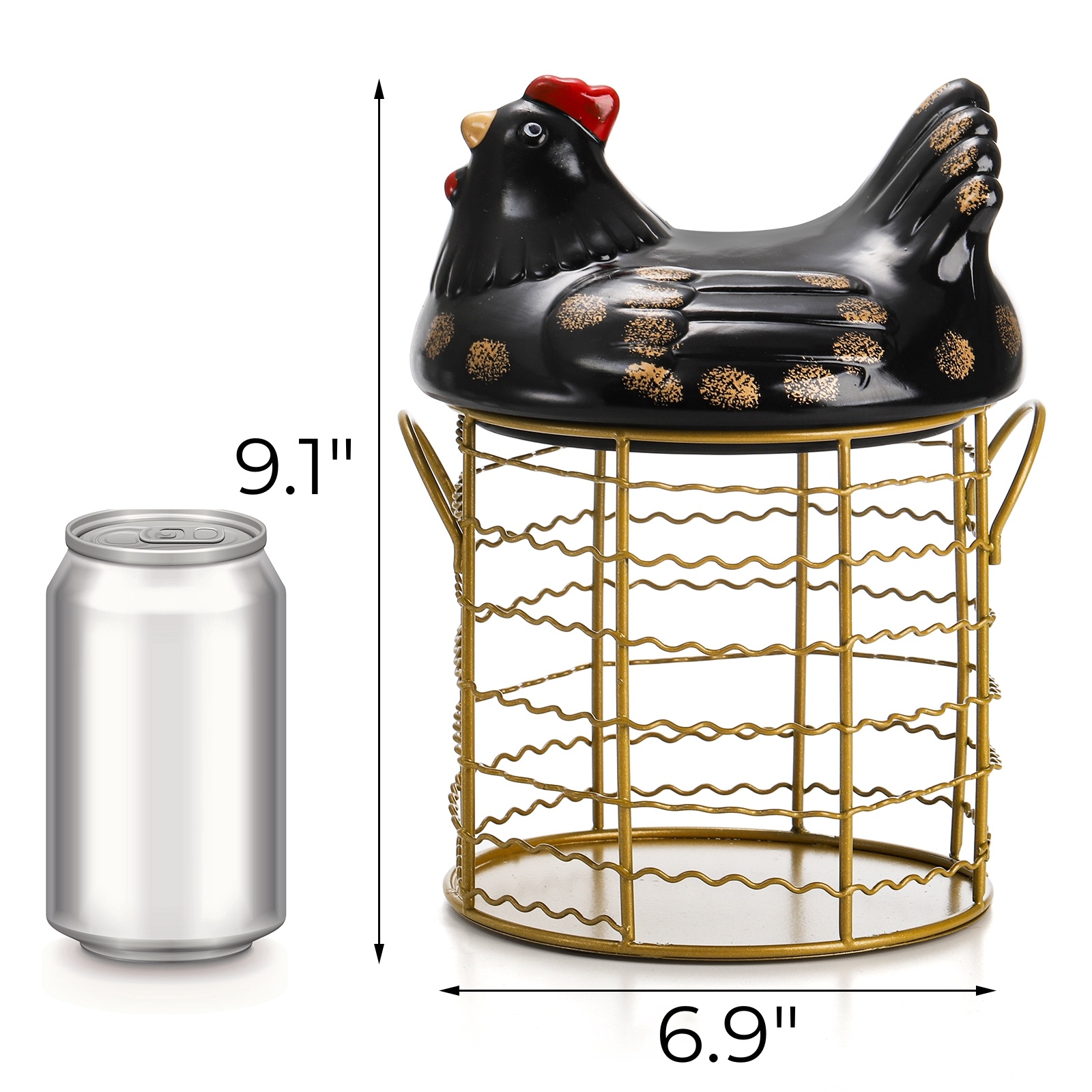 Gold Wire Egg Basket with Ceramic Chicken Design Lid, Metal Egg Basket for Fresh Eggs with Handles, Portable Black Fresh Egg Collecting Basket Holder for Countertop, Holds about 25 Eggs