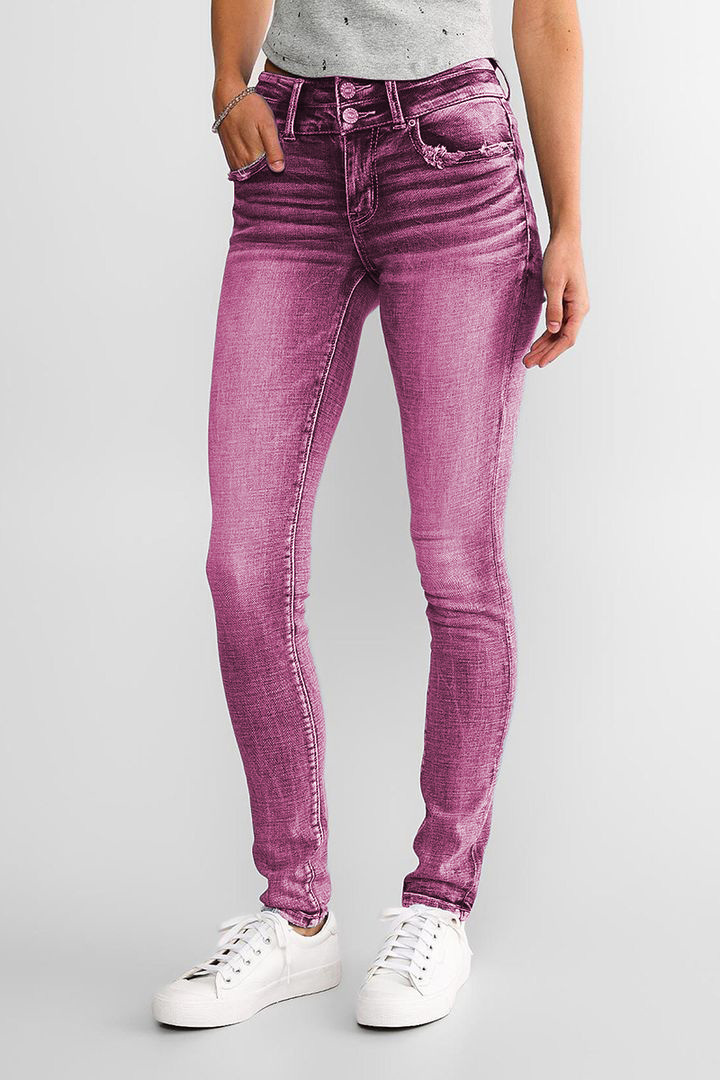 Mid Waist Double Button Skinny Jeans