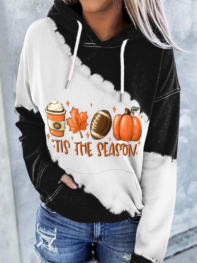Retro Football Tis The Season Pumpkin Maple Leaf Print With Pocket Hoodie