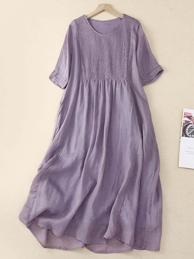 Vintage Cotton And Linen Organ Pleated V-neck Short Sleeve Dress