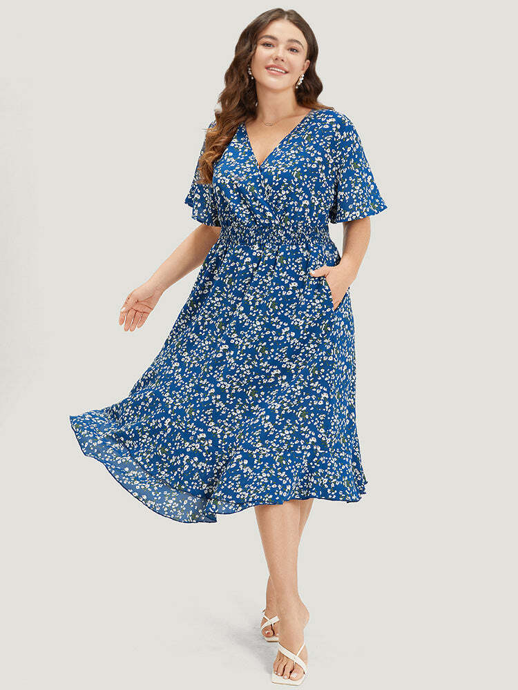 Ditsy Floral Overlap Collar Shirred Ruffle Layered Dress