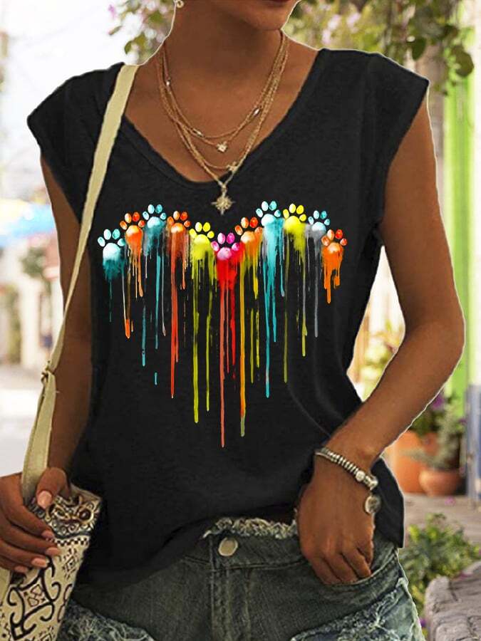 Women's Colorful Dog Paw Heart Print T-Shirt