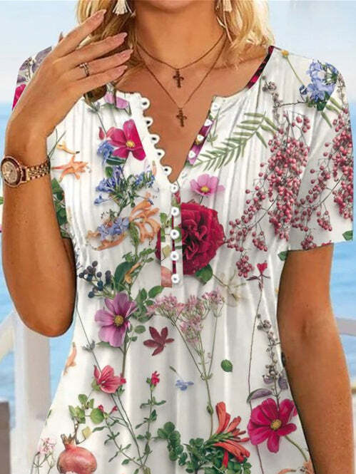 Women's Floral Printed Short Sleeve V-neck Top