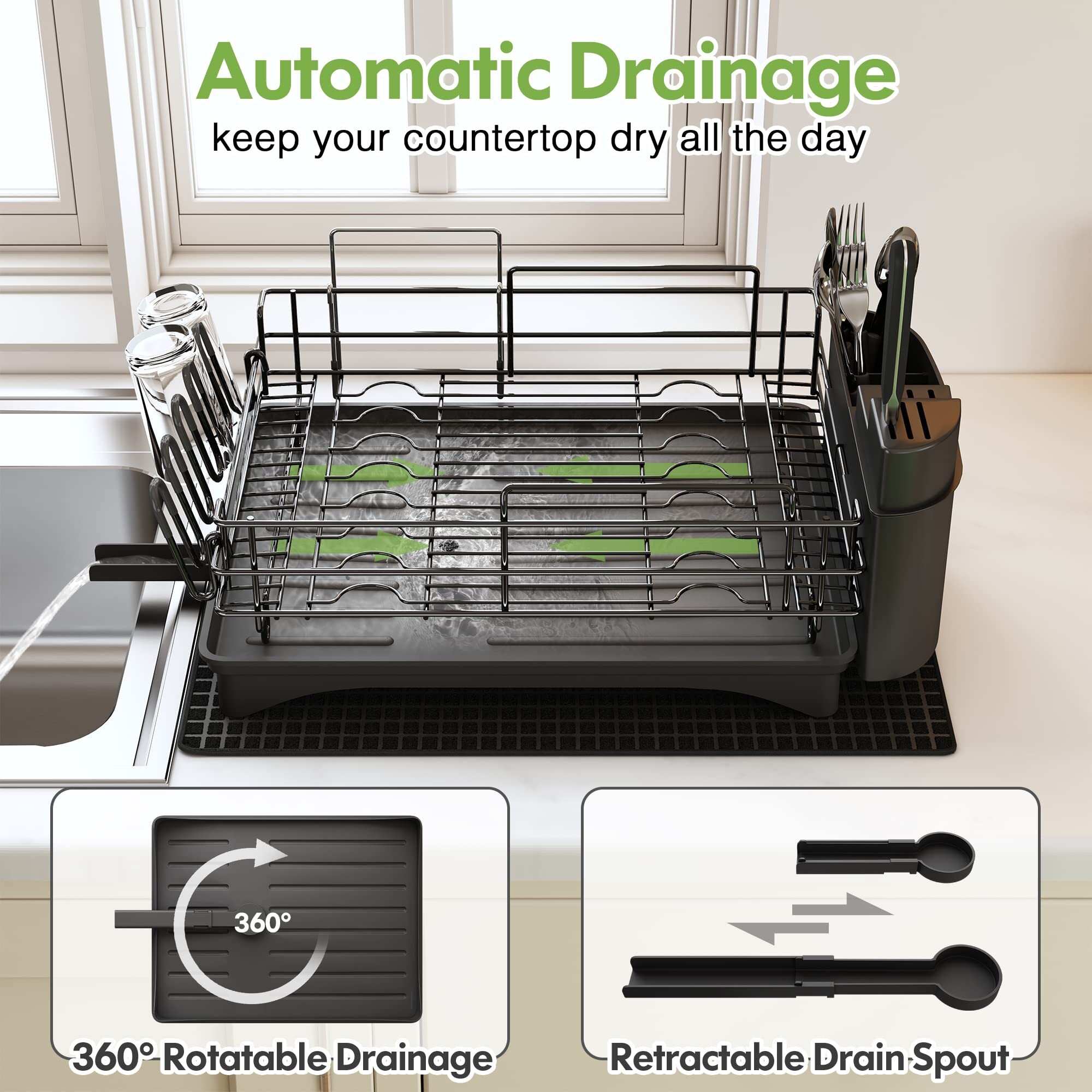 Dish Drying Racks for Kitchen Counter, Stainless Steel 2 Tier Black Dish Dryer Rack with Drainboard Set, Large Dish Drainers with Wine Glass Holder, Utensil Holder and Dryer Mat