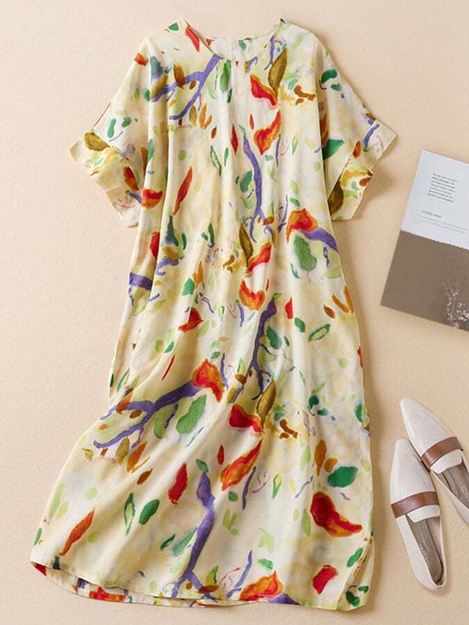 Loose Vintage Cotton And Linen Printed Mid Length Dress