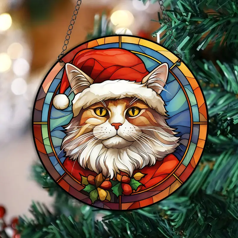 Christmas Cat Catcher Suncatcher, Stained Glass Window Hanging For Home, Office, Kitchen And Living Room Decor, Home Decor Room Decor Theme Party Decor, Christmas Decorations